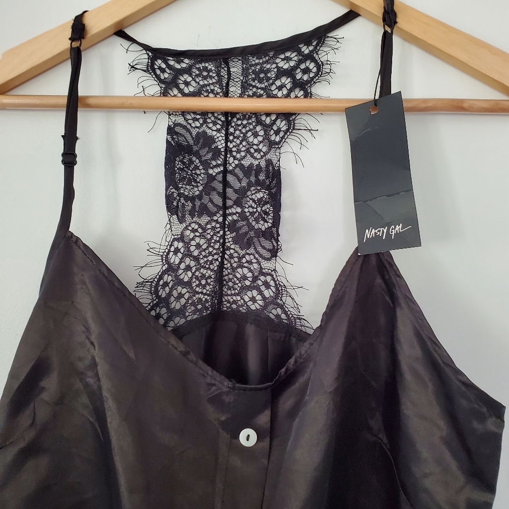 NWT NASTY GAL Sz M Black Silky Cami Top Spaghetti Straps Eyelash Lace T-Back Y2K - Picture 7 of 16